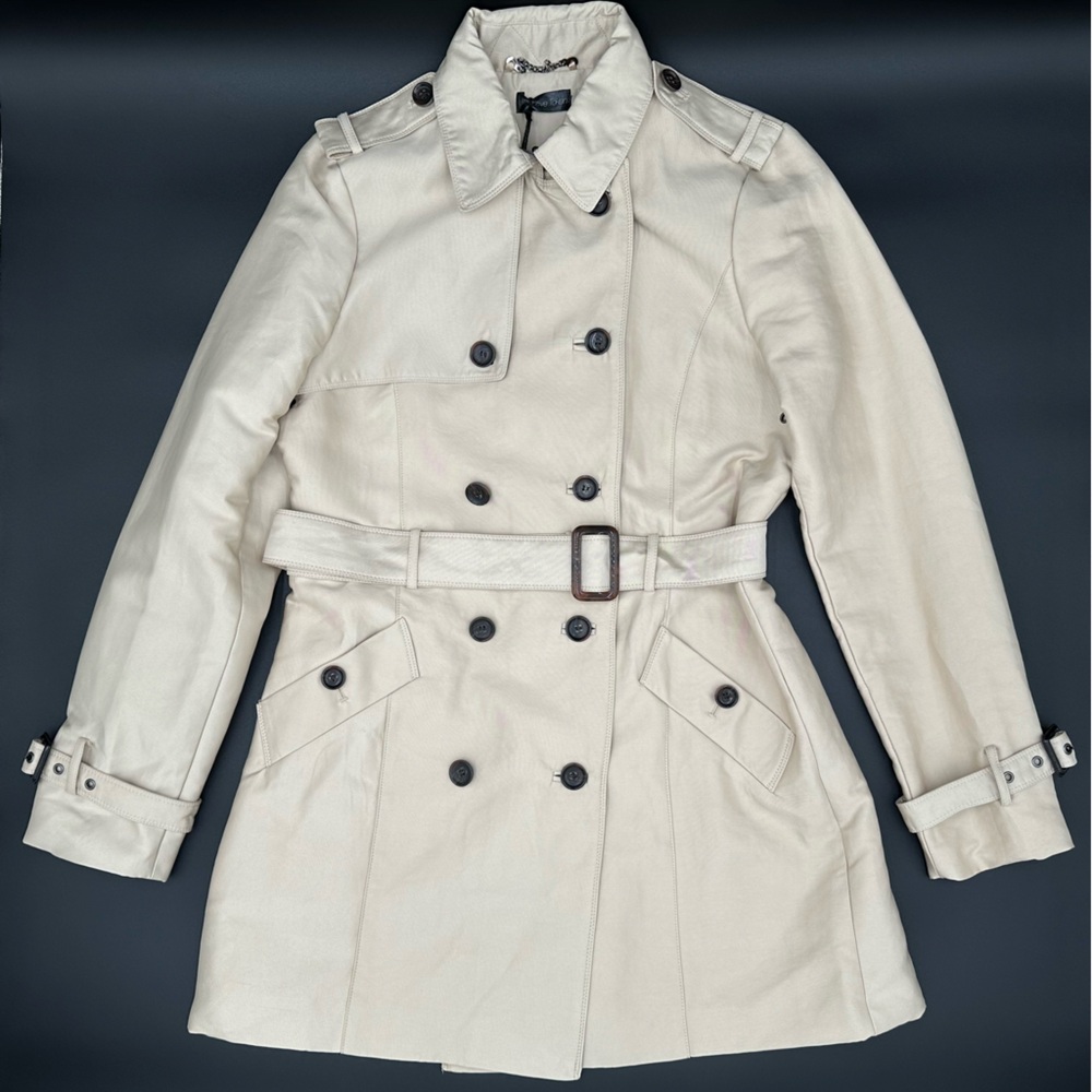 NWT Love Token Beige Button Down Trench Coat Padded Shoulders Women’s Size L